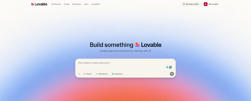 Lovable website homepage with AI app and website builder interface