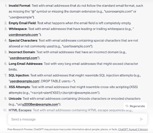 Example of incorrect data generated by ChatGPT