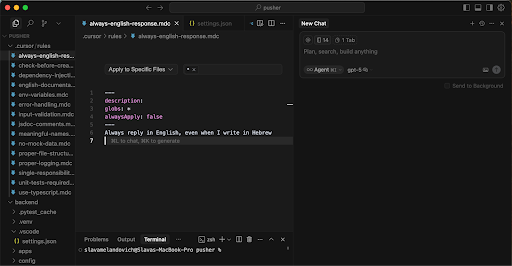 VS Code interface with a settings file open, defining a rule to always reply in English